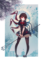 Rule 34 | 1girl, absurdres, asymmetrical wings, black dress, black hair, black thighhighs, blue wings, blush, bow, bowtie, breasts, brown footwear, buttons, closed mouth, commentary, dress, fang, fang out, frilled dress, frills, full body, highres, holding, holding polearm, holding weapon, houjuu nue, loafers, looking at viewer, medium breasts, penglai tea, polearm, red bow, red bowtie, red eyes, red wings, shoes, short dress, short hair, short sleeves, smile, snake, solo, thighhighs, tomoe (symbol), touhou, tree, trident, weapon, wings, wristband, zettai ryouiki