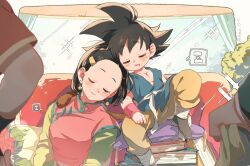 Rule 34 | 1girl, 2boys, age difference, black hair, blush, breasts, chi-chi (dragon ball), closed eyes, dougi, dragon ball, dragon ball gt, drooling, highres, husband and wife, leaning on person, long sleeves, lying, medium breasts, monkey tail, multiple boys, on side, open mouth, pan (dragon ball), roku (roku 0141), short hair, sitting, sleeping, sleeping on person, sleeping upright, smile, son gohan, son goku, spiked hair, tail, wristband, zzz