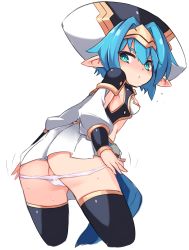Rule 34 | 1girl, ass, black thighhighs, blue hair, blush, breasts, closed mouth, cowboy shot, cropped legs, ear blush, green eyes, hair between eyes, hat, hellmatio, karukan (monjya), long sleeves, looking at viewer, looking back, panties, panty pull, pleated skirt, pointy ears, puffy long sleeves, puffy sleeves, shinrabanshou, sidelocks, simple background, skirt, small breasts, solo, sweat, thick eyebrows, thighhighs, underwear, white background, white hat, white panties, white skirt