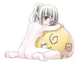 Rule 34 | 1girl, ass, back, back focus, barefoot, breast press, breasts, brown eyes, completely nude, cushion, elf, feet, from behind, full body, grey hair, looking at viewer, looking back, nude, open mouth, pointy ears, ponytail, simple background, sitting, small breasts, solo, tomomimi shimon, wariza