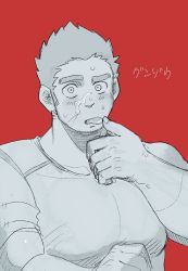 Rule 34 | bara, beard, blush, cum, cum on self, facial hair, greyscale, highres, licking, looking at viewer, male focus, monochrome, muscular, open mouth, pectorals, scar, sexually suggestive, simple background, sketch, solo, sonikinme, stubble, sweatdrop, tamamura gunzo, thick eyebrows, tokyo houkago summoners, upper body