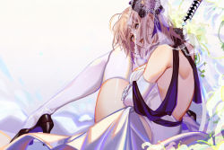 Rule 34 | 1girl, alternate costume, alternate hairstyle, blonde hair, commentary request, dress, elbow gloves, fate/grand order, fate (series), flower, gloves, grey eyes, hair flower, hair ornament, high heels, leg up, looking at viewer, march ab, okita souji (fate), okita souji (koha-ace), parted lips, self hug, shiny skin, short hair, sitting, solo, strapless, strapless dress, sword, thighhighs, veil, weapon, white thighhighs