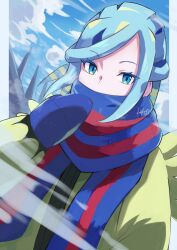 Rule 34 | 1boy, blue mittens, blue scarf, cloud, creatures (company), day, dusk poke27, eyelashes, game freak, grusha (pokemon), hand up, highres, jacket, long hair, long sleeves, looking at viewer, male focus, mittens, mixed-language commentary, nintendo, outdoors, pokemon, pokemon sv, scarf, scarf over mouth, signature, sky, solo, upper body, yellow jacket