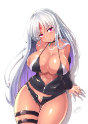 Rule 34 | 1girl, azur lane, bare shoulders, bikini, bikini top only, black jacket, blush, breasts, c.r., cleavage, dark-skinned female, dark skin, jacket, large breasts, long hair, long sleeves, looking at viewer, massachusetts (azur lane), micro shorts, multicolored hair, native american, navel, open clothes, parted lips, pubic tattoo, purple eyes, shorts, silver hair, solo, swimsuit, tattoo, thigh strap