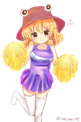 Rule 34 | 1girl, adapted costume, artist name, bare shoulders, blonde hair, breasts, brown eyes, brown hat, cheerleader, clothes writing, collarbone, commentary request, dress, feet out of frame, flying sweatdrops, hair between eyes, hair ribbon, hat, head tilt, highres, holding, holding pom poms, leg up, looking at viewer, medium breasts, moriya suwako, no shoes, pleated dress, pom pom (cheerleading), pom poms, purple dress, ramudia (lamyun), red ribbon, ribbon, short dress, short hair, simple background, sketch, solo, standing, standing on one leg, thighhighs, thighs, touhou, twitter username, white background, white thighhighs, zettai ryouiki