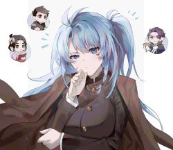 Rule 34 | 2boys, 2girls, ace attorney, azura cecillia, barok van zieks, black jacket, blue eyes, blue jacket, book, braid, brown eyes, brown hair, brown jacket, chibi, chibi inset, cosplay, cup, eyebrows hidden by hair, highres, holding, holding book, holding cup, jacket, jacket on shoulders, japanese clothes, kimono, long hair, multiple boys, multiple girls, nijisanji, nijisanji id, pink hair, pink kimono, ponytail, portrait, ryunosuke naruhodo, ryunosuke naruhodo (cosplay), scar, scar on face, scar on forehead, side braid, smile, susato mikotoba, the great ace attorney, thinking, v-shaped eyebrows, virtual youtuber, white background, yakksan