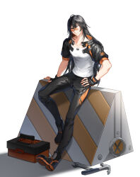 Rule 34 | 1boy, adjustable wrench, ahoge, alternate hair length, alternate hairstyle, ankle boots, arm support, black footwear, black gloves, black hair, black jacket, black pants, blue eyes, boots, chulsoo kim (closers), claw hammer, closed mouth, closers, cropped jacket, eyes visible through eyewear, fingerless gloves, full body, gloves, hair between eyes, hammer, hand on own hip, highres, jacket, leather, leather jacket, leather pants, long hair, male focus, official art, open clothes, open jacket, orange-tinted eyewear, pants, pants tucked in, puffy short sleeves, puffy sleeves, roadblock, safety glasses, shadow, shirt, short sleeves, smile, solo, tinted eyewear, toolbox, white background, white shirt, wrench