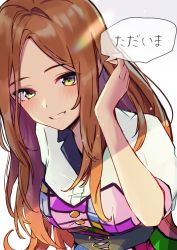 Rule 34 | 1girl, blush, breasts, brown hair, green eyes, grin, tucking hair, hand up, kagawa ichigo, large breasts, leaning forward, long hair, looking at viewer, original, puffy short sleeves, puffy sleeves, short sleeves, simple background, smile, solo, upper body, white background