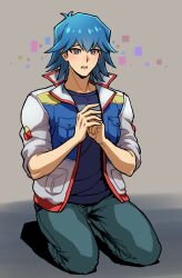 Rule 34 | 1boy, absurdres, blue hair, blue shirt, blush, bruno (yu-gi-oh!), commentary, embarrassed, grey background, grey eyes, hands up, high collar, highres, jacket, kneeling, light blush, male focus, open clothes, open jacket, open mouth, own hands together, pants, shirt, short hair, simple background, sleeves rolled up, solo, youko-shima, yu-gi-oh!, yu-gi-oh! 5d&#039;s