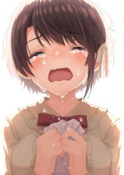 Rule 34 | 1girl, absurdres, blush, bow, bowtie, brown hair, center frills, closed eyes, crying, frilled shirt, frilled shirt collar, frills, highres, hololive, oozora subaru, oozora subaru (casual), open mouth, red bow, red bowtie, shirt, short hair, solo, starkamisan, streaming tears, tears, virtual youtuber