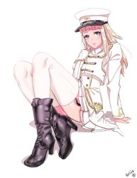 Rule 34 | 1girl, aiguillette, arm support, black footwear, boots, closed mouth, cross-laced footwear, dated, full body, garter straps, hat, hieung, high heel boots, high heels, highres, knees up, lace-up boots, long hair, looking at viewer, military, military hat, military uniform, mole, mole under eye, original, pleated skirt, signature, simple background, sitting, skirt, solo, thighhighs, thighs, uniform, white background, white skirt, white thighhighs