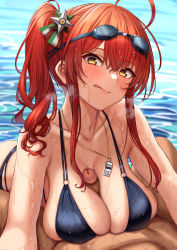 Rule 34 | 1boy, 1girl, absurdres, ahoge, azur lane, bikini, black bikini, blush, breasts, brown eyes, censored, check commentary, cleavage, collarbone, commander (azur lane), commentary request, covered erect nipples, cum, cum on body, cum on breasts, cum on upper body, cumdrip, goggles, goggles on head, hair between eyes, hair ornament, handsfree paizuri, head tilt, heavy breathing, hetero, highres, large breasts, leaning forward, long hair, looking at viewer, momo no sukebe, mosaic censoring, o-ring, o-ring bikini, open mouth, paizuri, paizuri under clothes, penis, pov, red hair, side ponytail, sidelocks, smile, solo focus, swimsuit, tongue, tongue out, wet, whistle, whistle around neck, zara (azur lane), zara (poolside coincidence) (azur lane)