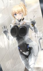 Rule 34 | blonde hair, breast press, breasts, commission, covered navel, cureecoolan, fortified suit, glass, glass writing, heart, ilfriede von feulner, large breasts, muv-luv, muv-luv alternative, one eye closed, open mouth, pilot suit, pointing, skeb commission, skin tight, the euro front, v-shaped eyebrows