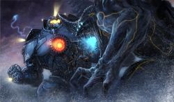 Rule 34 | battle, bioluminescence, cannon, chest cannon, clenched hand, directed-energy weapon, energy cannon, energy weapon, gipsy danger, glowing, glowing eyes, glowing mouth, glowing veins, highres, jaeger (pacific rim), kaijuu, knifehead, legendary pictures, lightning, mecha, monster, neon trim, no humans, nuclear vortex turbine, ocean, pacific rim, pan pacific defense corps, realistic, robot, science fiction, sparks, super robot, tatsuya (atelier road), veins