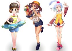 Rule 34 | 3girls, apple, belt, blue hair, brown eyes, brown hair, detached sleeves, food, french fries, fruit, goggles, goggles on head, hair bobbles, hair ornament, hat, highres, kamogawa shuujin, looking at viewer, multiple girls, necktie, original, red eyes, shoes, shorts, simple background, smile, snorkel, white background