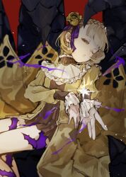 Rule 34 | 1girl, absurdres, arm across chest, blonde hair, blunt bangs, briar rose (sinoalice), claws, dress, flower, foreshortening, frilled dress, frilled sleeves, frills, giant hand, hair flower, hair ornament, hair ribbon, half-closed eye, highres, lying, on back, one eye closed, parted lips, purple ribbon, reaching, reaching towards viewer, ribbon, rose, s t e r n, short hair, sinoalice, solo focus, thorns, yellow eyes, yellow flower, yellow rose