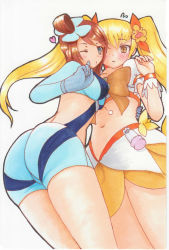 Rule 34 | 2girls, ;o, arched back, ass, asymmetrical bangs, blonde hair, blue eyes, blush, brown hair, choker, creatures (company), crossover, cure sunshine, frills, from below, game freak, gloves, hair ornament, heart, heartcatch precure!, highres, imarikiriki, long hair, looking at viewer, magical girl, midriff, multiple girls, myoudouin itsuki, navel, nintendo, one eye closed, pointing, pokemon, precure, short hair, skin tight, skirt, skyla (pokemon), surprised, sweatdrop, thighs, traditional media, twintails, wink, wrist cuffs, yellow eyes