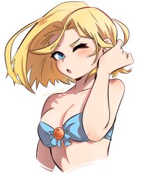 Rule 34 | 1girl, ;o, absurdres, android 18, bikini, blonde hair, blue eyes, blush, breasts, cleavage, dashi (dashiart), dragon ball, dragonball z, earrings, highres, jewelry, multicolored shirt, one eye closed, open mouth, shirt, short hair, simple background, small breasts, solo, swimsuit, upper body, white background