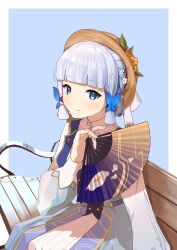 Rule 34 | 1girl, absurdres, ayaka (genshin impact), bench, blue background, blue dress, blue eyes, blue hair, blunt bangs, blush, border, braid, butterfly hair ornament, closed mouth, collar, dress, flower, genshin impact, hair flower, hair ornament, hair up, hand fan, hand up, hat, hat flower, high collar, highres, holding, holding fan, kamisato ayaka, kamisato ayaka (springbloom missive), light blue hair, long sleeves, looking at viewer, official alternate costume, on bench, puffy long sleeves, puffy sleeves, raywallin, sitting, smile, solo, white border, white collar