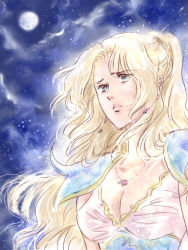 Rule 34 | 1990s (style), 1girl, blonde hair, breasts, cleavage, earrings, female focus, final fantasy, final fantasy iv, full moon, green eyes, jewelry, leotard, long hair, moon, necklace, night, outdoors, rosa farrell, shoulder pads, sky, solo, yukki (rffcq251)