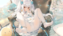 Rule 34 | 1girl, :o, absurdres, anklet, armchair, azur lane, bare shoulders, bird, blue flower, blue rose, blush, bow, bow panties, chair, chen bin, chick, clothes lift, dress, dress lift, feet, female focus, flower, highres, jewelry, laffey (azur lane), laffey (white rabbit&#039;s oath) (azur lane), long hair, looking at viewer, lying, manjuu (azur lane), no shoes, official alternate costume, on back, open mouth, orange eyes, panties, panties under pantyhose, pantyhose, petals, ribbon, rose, sidelocks, soles, spread legs, twintails, underwear, white dress, white hair, white panties, white pantyhose