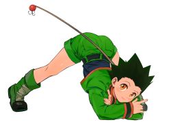 Rule 34 | 1boy, arm support, belt, black hair, boots, crossed arms, fishing rod, flexible, full body, gon freecss, green footwear, green jacket, green shorts, highres, hunter x hunter, jack-o&#039; challenge, jacket, k.g (matsumoto zo), legs apart, long sleeves, looking at viewer, male focus, meme, orange eyes, pocket, shorts, simple background, smile, solo, spiked hair, spread legs, top-down bottom-up, white background, wide spread legs, widow&#039;s peak