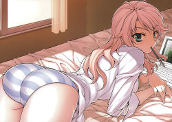 Rule 34 | 1girl, ass, bed, blonde hair, caroline, computer, green eyes, highres, laptop, long hair, looking back, lying, mouth hold, no pants, on bed, on stomach, panties, pen, solo, soo-hyon lee, striped clothes, striped panties, unbalance unbalance, unbalance x unbalance, underwear, window