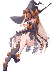 Rule 34 | 1girl, abigail williams (fate), abigail williams (second ascension) (fate), bare shoulders, black bow, black hat, black panties, black thighhighs, blonde hair, blue eyes, blush, bow, breasts, fate/grand order, fate (series), forehead, hair bow, hat, keyhole, kopaka (karda nui), legs, long hair, looking at viewer, multiple bows, navel, no panties, orange bow, panties, parted bangs, red eyes, sidelocks, simple background, single thighhigh, small breasts, stuffed animal, stuffed toy, teddy bear, thighhighs, underwear, white background, witch hat