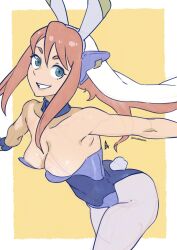Rule 34 | 1girl, 2023, absurdres, animal ears, ass, aurahack, bare shoulders, birdy cephon altera, border, breasts, chinese zodiac, cleavage, commentary, covered navel, detached collar, english commentary, fake animal ears, green eyes, grin, headgear, highres, leaning forward, leotard, long hair, looking at viewer, medium breasts, multicolored hair, orange hair, outstretched arms, pantyhose, playboy bunny, purple leotard, rabbit ears, sidelocks, sketch, smile, solo, strapless, strapless leotard, tetsuwan birdy, tetsuwan birdy decode, two-tone hair, white border, white hair, white pantyhose, wrist cuffs, year of the rabbit, yellow background