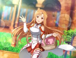 Rule 34 | 1girl, :d, armor, asuna (sao), basket, blurry, blurry background, breastplate, brown eyes, brown hair, day, detached sleeves, dutch angle, floating hair, game cg, hair intakes, holding, holding basket, leg up, lens flare, long hair, long sleeves, looking at viewer, miniskirt, open mouth, outdoors, pleated skirt, red skirt, running, skirt, smile, solo, sunlight, sword art online, thighhighs, very long hair, waist cape, white sleeves