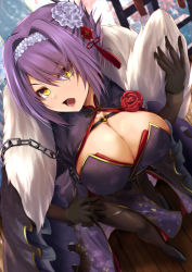 Rule 34 | 1girl, azur lane, black gloves, blush, breasts, china dress, chinese clothes, cleavage, crossed legs, dress, feather boa, flower, folded ponytail, gloucester (azur lane), gloucester (brilliance in purple) (azur lane), gloves, hair flower, hair ornament, hairband, high heels, holding, holding paper, kanzaki kureha, large breasts, lips, long sleeves, looking at viewer, looking up, official alternate costume, open mouth, pantyhose, paper, pelvic curtain, red flower, red rose, rose, shrug (clothing), side slit, smile, solo, standing, thighband pantyhose, watson cross, window, yellow eyes