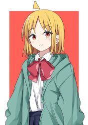 Rule 34 | 1girl, absurdres, blonde hair, blush, bocchi the rock!, bow, bowtie, collar, commentary request, highres, ijichi nijika, jacket, keito4f, long sleeves, looking at viewer, pleated skirt, school uniform, shirt, short hair, skirt, solo, white shirt
