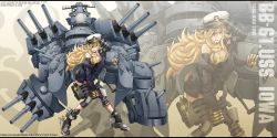 Rule 34 | 10s, 16-inch/50-caliber mark 7 gun, 1girl, 5-inch/38-caliber mark 12 gun, absurdres, artillery, blonde hair, breasts, cannon, character name, cleavage, copyright name, crossover, deviantart thumbnail, dishwasher1910, hat, highres, iowa, iowa-class battleship, kantai collection, large breasts, long hair, naval artillery, naval gun, one eye closed, peaked cap, red eyes, rwby, sailor hat, solo, turret, uss iowa (bb-61), watermark, web address, yang xiao long, zoom layer