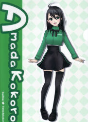 Rule 34 | 1girl, ahoge, amada kokoro, amd, argyle, argyle background, argyle clothes, artist request, black hair, black thighhighs, blush, character name, copyright name, cropped jacket, fang, green eyes, green theme, hair between eyes, highres, jacket, long hair, open mouth, shoes, skirt, smile, solo, thighhighs