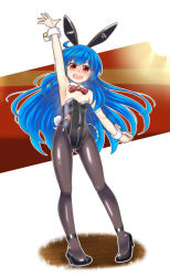 Rule 34 | 1girl, animal ears, arm up, black footwear, black leotard, black pantyhose, blue hair, bow, bowtie, covered navel, detached collar, flat chest, full body, hinanawi tenshi, leotard, long hair, mail (mail gell), pantyhose, playboy bunny, rabbit ears, rabbit girl, rabbit tail, red bow, red bowtie, red eyes, solo, strapless, strapless leotard, tail, touhou, wrist cuffs