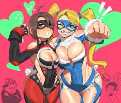 Rule 34 | 1boy, 3girls, arms up, blonde hair, blue eyes, breasts, bright pupils, brown eyes, capcom, cleavage, cleavage cutout, clothing cutout, collar, crossed arms, dancho no mori, flying sweatdrops, heart, highres, justice gakuen, kazama akira, kazama daigo, large breasts, mask, multiple girls, pink background, rainbow mika, revealing clothes, scar, scar across eye, shiny skin, short hair, shoulder cutout, side cutout, skull, spiked collar, spikes, street fighter, sweat, twintails, wrestling outfit, yamato nadeshiko (street fighter)