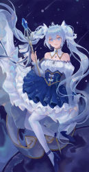 Rule 34 | 1girl, absurdres, bare shoulders, blue eyes, blue footwear, blue hair, boky (118088488), detached sleeves, hatsune miku, high heels, highres, light blue hair, looking at viewer, open mouth, puffy detached sleeves, puffy sleeves, smile, solo, staff, thighhighs, tiara, twintails, vocaloid, white thighhighs, yuki miku, yuki miku (2019)