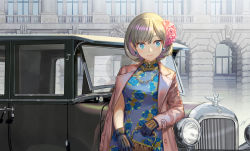 Rule 34 | 1girl, bag, black gloves, blue eyes, breasts, car, china, china dress, chinese clothes, closed mouth, coat, commentary request, curly hair, dress, earrings, facing viewer, floral print, flower, gloves, hair flower, hair ornament, holding, holding bag, jewelry, kws, light brown hair, long sleeves, looking away, love live!, love live! superstar!!, medium breasts, motor vehicle, open clothes, open coat, pink coat, short hair, smile, solo, tang keke