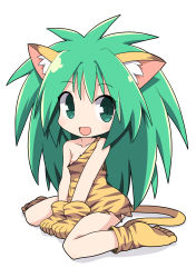 Rule 34 | 1girl, :d, animal ear fluff, animal ears, animal hands, animal print, bare shoulders, cham cham, commentary request, gloves, green eyes, green hair, highres, open mouth, osaragi mitama, paw gloves, paw shoes, print gloves, samurai spirits, single strap, smile, solo, tail, tiger ears, tiger girl, tiger print, tiger tail, yellow gloves