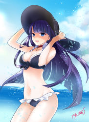 Rule 34 | 1girl, :d, bikini, black bikini, black bow, black hat, blue eyes, blue sky, bow, breasts, choker, cleavage, cloud, cross, cross necklace, day, earrings, fate/grand order, fate (series), floating hair, frilled bikini, frills, groin, hands on headwear, hat, jewelry, large breasts, long hair, looking at viewer, martha (fate), martha (swimsuit ruler) (fate), martha (swimsuit ruler) (first ascension) (fate), navel, necklace, ocean, open mouth, outdoors, purple hair, sakuragi akira, signature, sky, smile, solo, standing, sun hat, swimsuit, very long hair