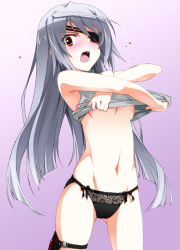 Rule 34 | 10s, 1girl, black panties, blush, breasts, clothes lift, eyepatch, grey hair, infinite stratos, laura bodewig, lifting own clothes, long hair, midriff, navel, open mouth, panties, red eyes, saipaco, shirt lift, simple background, solo, tank top, underboob, underwear, undressing, x arms