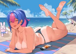 Rule 34 | 1girl, absurdres, ass, barefoot, beach, bikini, bikini bottom only, bing hayu, blue hair, blush, breasts, dark blue hair, feet, golbang, highres, large breasts, long hair, looking at viewer, lotion, luvdia, lying, multicolored hair, on stomach, one eye closed, open mouth, pink eyes, pink hair, ponytail, soles, sunscreen, sweat, swimsuit, tan, tanline, the pose, toes, topless, two-tone hair, virtual youtuber