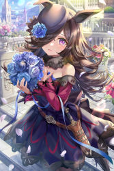 Rule 34 | 1girl, animal ears, bare shoulders, blue flower, blue rose, blush, breasts, flower, hair over one eye, hat, hat flower, highres, horse ears, horse girl, horse tail, long hair, long sleeves, looking at viewer, rice shower (umamusume), rose, small breasts, solo, tail, tilted headwear, torino aqua, umamusume