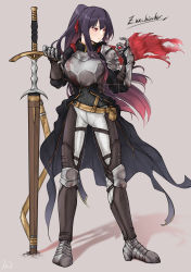 Rule 34 | 1girl, absurdres, alternate costume, alternate hairstyle, armor, armored boots, boots, breastplate, chainmail, full body, gauntlets, girls&#039; frontline, greatsword, highres, long hair, pants, pauldrons, ponytail, purple hair, red eyes, shoulder armor, sidelocks, single pauldron, solo, standing, stigmamyu, sword, wa2000 (girls&#039; frontline), weapon, white pants, zweihander