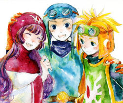 Rule 34 | 1girl, blonde hair, closed mouth, commentary request, dragon quest, dragon quest ii, dress, long hair, looking at viewer, multiple boys, painting (medium), prince of lorasia, prince of samantoria, princess of moonbrook, robe, shimi (egi), short hair, traditional media, watercolor (medium), white background