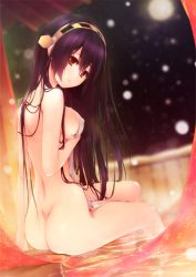 Rule 34 | 10s, 1girl, ass, black hair, blush, breast hold, breasts, brown eyes, covered erect nipples, haruna (kancolle), headgear, ichikawa noa, kantai collection, long hair, looking at viewer, nude, sitting, smile, snow, soaking feet, solo, towel, water