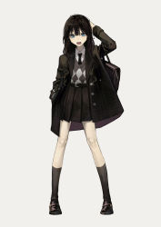 Rule 34 | 1girl, :o, absurdres, argyle, argyle clothes, argyle sweater, arm up, bag, belt, black coat, black hair, black skirt, black socks, blouse, briefcase, brown sweater, coat, collared shirt, commentary request, full body, grey background, hand in pocket, hand on own head, highres, holding, holding bag, kneehighs, legs apart, loafers, long hair, looking at viewer, open clothes, open coat, open mouth, original, pleated skirt, school briefcase, shirt, shoes, simple background, skirt, socks, solo, standing, straight-on, sweater, teeth, upper teeth only, v-shaped eyebrows, white shirt, yoon cook