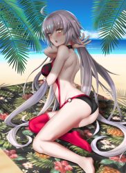 Rule 34 | 1girl, ahoge, beach, beach towel, bikini, black bikini, black choker, breasts, choker, cloud, cloudy sky, commentary request, day, fate/grand order, fate (series), hair between eyes, highres, jeanne d&#039;arc alter (swimsuit berserker) (fate), jeanne d&#039;arc (fate), jeanne d&#039;arc alter (fate), jeanne d&#039;arc alter (swimsuit berserker) (fate), large breasts, long hair, looking at viewer, o-ring, o-ring bikini, o-ring bottom, o-ring top, ocean, open mouth, palm tree, red thighhighs, silver hair, single thighhigh, sky, solo, swimsuit, thighhighs, towel, tree, yellow eyes, zilaishui