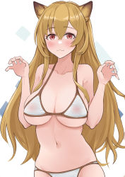 Rule 34 | 1girl, absurdres, animal ears, arknights, bikini, blush, breasts, brown hair, ceobe (arknights), collarbone, dog ears, dog girl, groin, hair between eyes, hands up, highres, large breasts, long hair, looking at viewer, navel, red eyes, see-through, snao (snao na snao), solo, stomach, swimsuit, upper body, very long hair, white background, white bikini