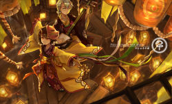 Rule 34 | 2girls, brown hair, copyright name, from above, full body, geta, hair between eyes, horns, instrument, japanese clothes, kimono, lampion, lantern, long hair, mask, mask on head, multiple girls, music, original, outstretched arm, outstretched arms, pixiv fantasia, pixiv fantasia new world, playing instrument, red eyes, rope, sash, shamisen, short hair, silver hair, smile, socks, spark (sandro), stairs, sword, tabi, tassel, wand, weapon, white legwear, wooden sword, yellow eyes